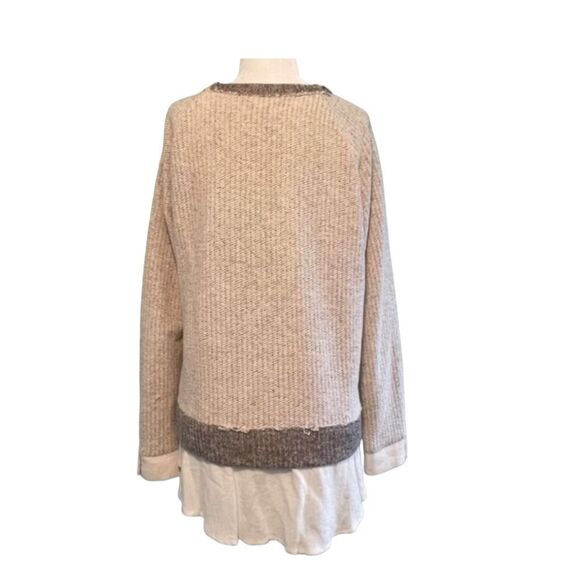 Mystree Beach Sweater with Shirt Tails Oatmeal Tan Black Knit Crewneck Long Slee - Picture 2 of 7